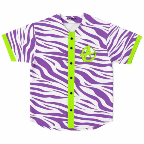 Purple zebra print rave baseball jersey with neon green button placket and anarchy logo, front