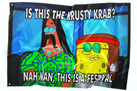 Rave flag reads 'is this krusty krab, nah this is a festival' with paisley character
