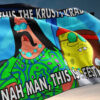 Festival flag waving shows green paisley print figure and yellow cartoon face with red headband