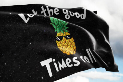 Flag waving outdoors showing cartoon pineapple design with pixel sunglasses on starry background