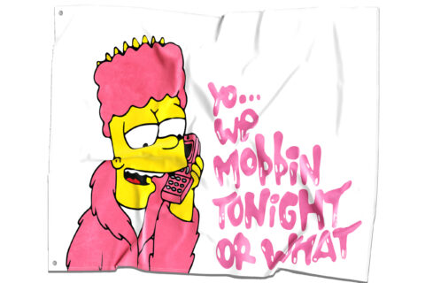 White rave flag with cartoon-inspired pink haired character on phone and pink drippy text reading