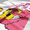 Close-up of flag fabric showing yellow cartoon face on phone, dripping pink lettering in background