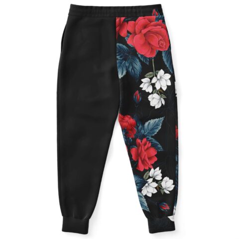 back view of split leg joggers showing red roses and white blossoms
