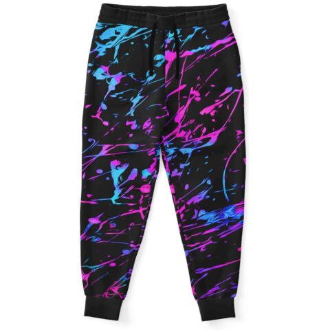 Neon paint splatter rave joggers in pink and blue on black flat front view