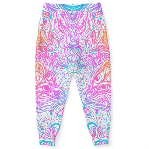 White abstract swirling rave joggers showing mirrored psychedelic eye print, back view