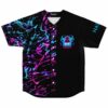 Black baseball jersey with neon pink and blue paint splatter, three-eyed monster patch, front view