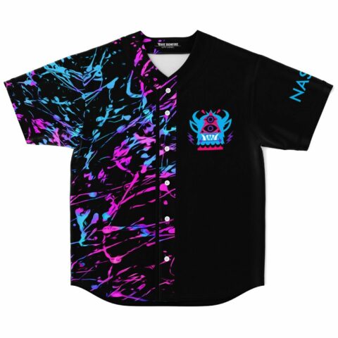 Black baseball jersey with neon pink and blue paint splatter, three-eyed monster patch, front view