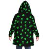 Green alien head print hooded cloak back view with sherpa hood over black fabric