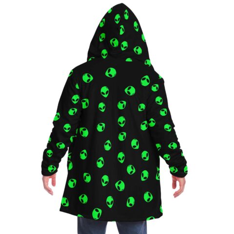 Green alien head print hooded cloak back view with sherpa hood over black fabric