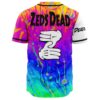 Back view of psychedelic liquid rave jersey with cartoon-style hand graphic and text