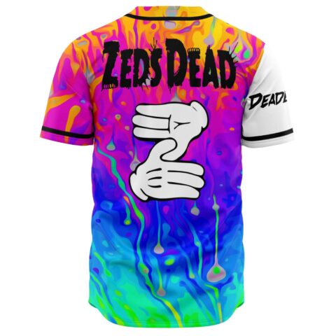 Back view of psychedelic liquid rave jersey with cartoon-style hand graphic and text