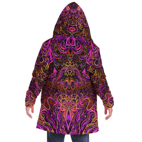 Back view of hooded rave cloak in symmetrical psychedelic swirl print of pink orange