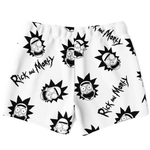 Black and white cartoon rave swim trunks back view with scattered spiky-hair face pattern