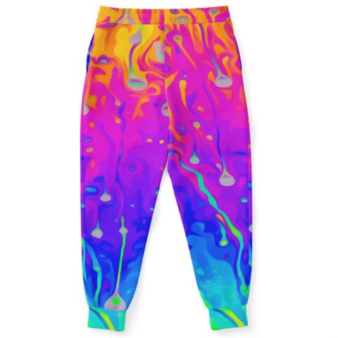 Melting liquid print joggers back view showing gradient fade into blue and teal