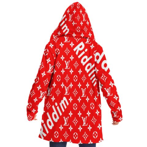 Back view of red festival-themed hooded cloak with diamond monogram print and Riddim text