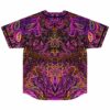 Back view of magenta symmetrical psychedelic rave baseball jersey with swirling trippy line art