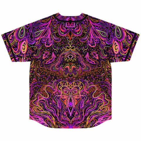 Back view of magenta symmetrical psychedelic rave baseball jersey with swirling trippy line art