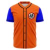 Front view of orange baseball jersey with blue sleeves and white kanji symbol patch