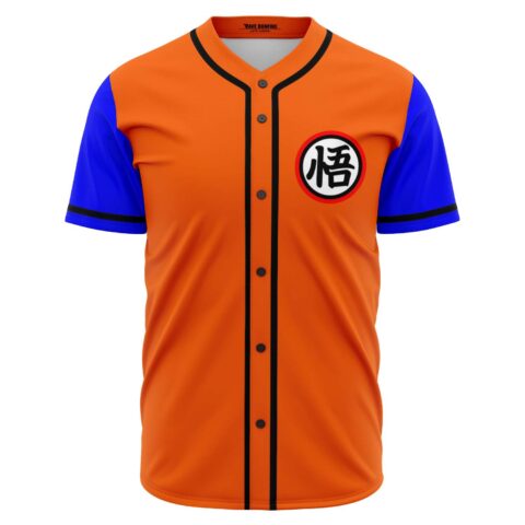 Front view of orange baseball jersey with blue sleeves and white kanji symbol patch