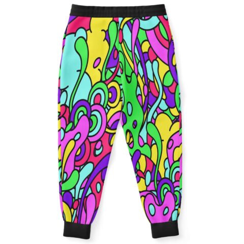 Bold cartoon-outline swirl pattern in pink green and yellow on jogger pants back view