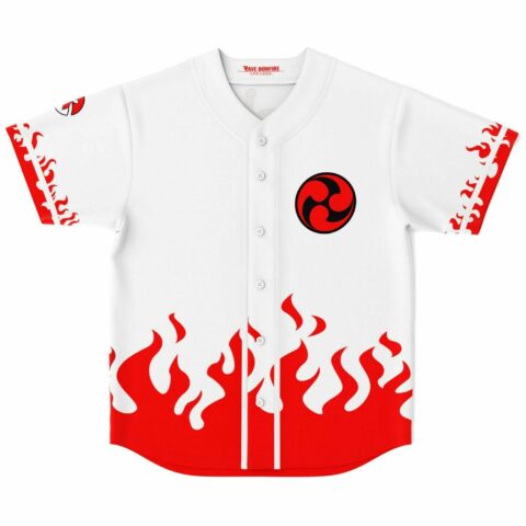 White rave baseball jersey with red flame print and anime-inspired swirl emblem front view