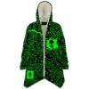 Neon green circuit board print cloak with alien head icon, open front view