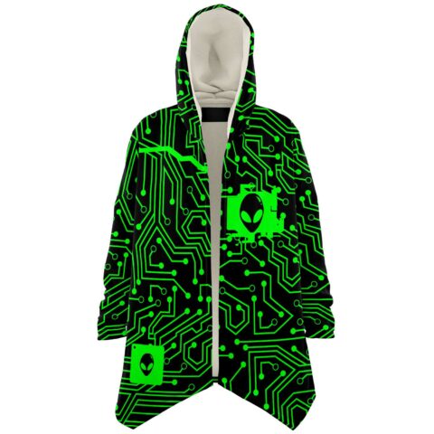 Neon green circuit board print cloak with alien head icon, open front view