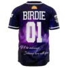 Back view of the purple galaxy rave baseball jersey with a custom name and number on the galaxy background