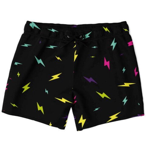 Black scattered lightning rave swim trunks with neon bolts in yellow pink teal