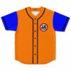 Orange baseball jersey with blue sleeves, black trim, kanji circle patch above buttons