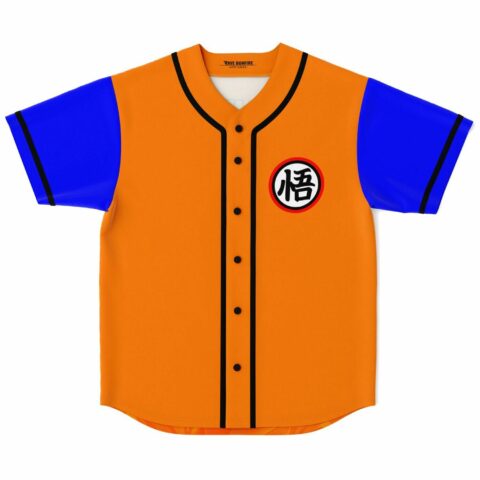 Orange baseball jersey with blue sleeves, black trim, kanji circle patch above buttons