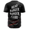 Head Banger Banger Club text over lava rock print on black baseball jersey, back view