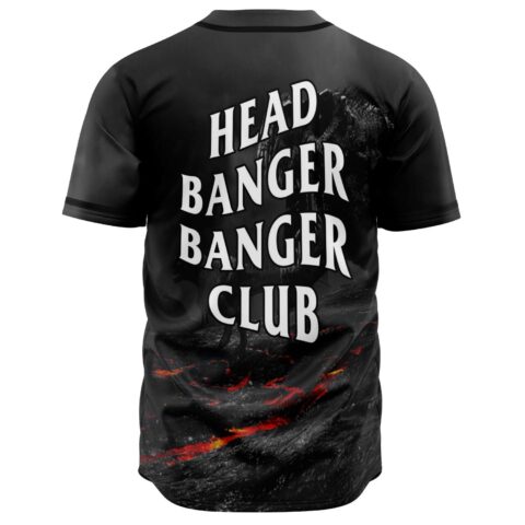 Head Banger Banger Club text over lava rock print on black baseball jersey, back view