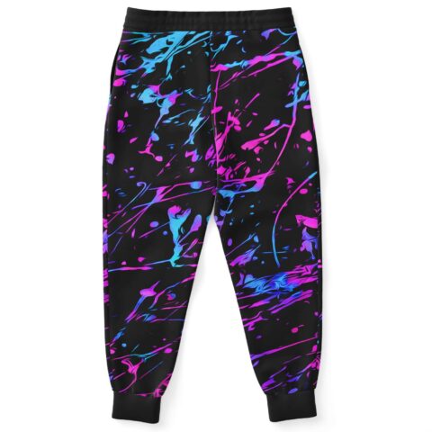 Black paint splatter joggers back view showing full drip pattern across legs