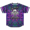 Close-up of dripping skull graphic and Certified Headbanger text on purple tribal jersey back