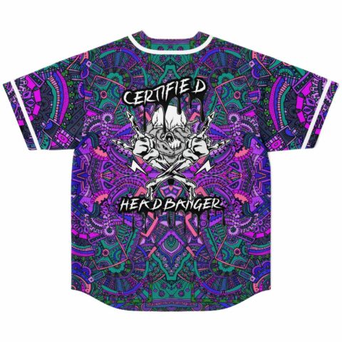Close-up of dripping skull graphic and Certified Headbanger text on purple tribal jersey back