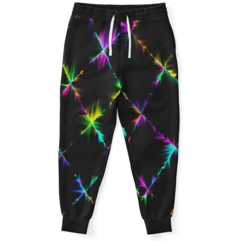 Black rave joggers with neon starburst diamond pattern front view flat lay