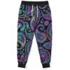 Neon paisley rave joggers with black waistband and white drawstring, front view flat lay