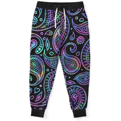 Neon paisley rave joggers with black waistband and white drawstring, front view flat lay