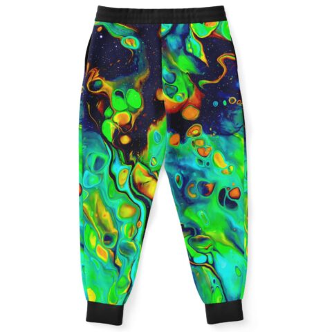 Green fluid acid rave joggers back view showing marbled neon pattern and black cuffs