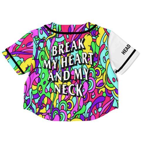 Crop top back and sleeve view with bold text and vibrant patterns