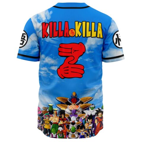 Back view of cloudy sky jersey with bold text and cartoon-style character lineup print
