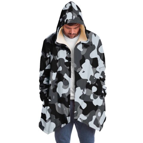 Man wearing gray camo print festival cloak open front with cream fleece lined hood