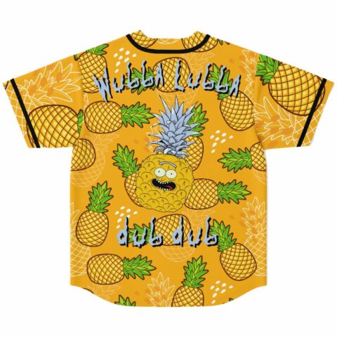 Cartoon pineapple face design with Wubba Lubba dub dub text on jersey back