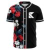 Black rave baseball jersey with red rose floral half and white K logo, front view