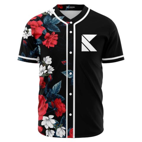 Black rave baseball jersey with red rose floral half and white K logo, front view