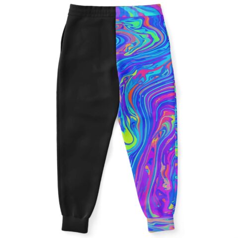 Back view of split joggers showing oil slick swirl pattern against solid black leg