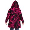 Back view of man wearing hot pink swirling liquid rave cloak with draped sleeves