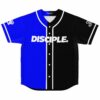 Blue and black split-color rave baseball jersey with Disciple text front view