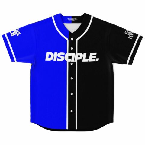 Blue and black split-color rave baseball jersey with Disciple text front view